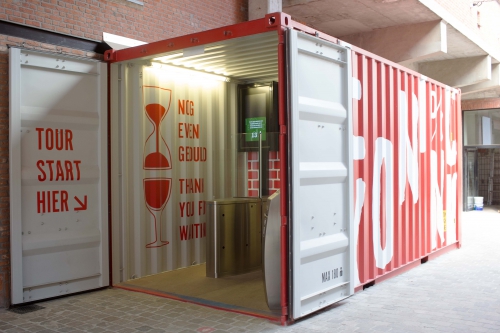 Container with typography branding for Antwerp city brewery DeKoninck